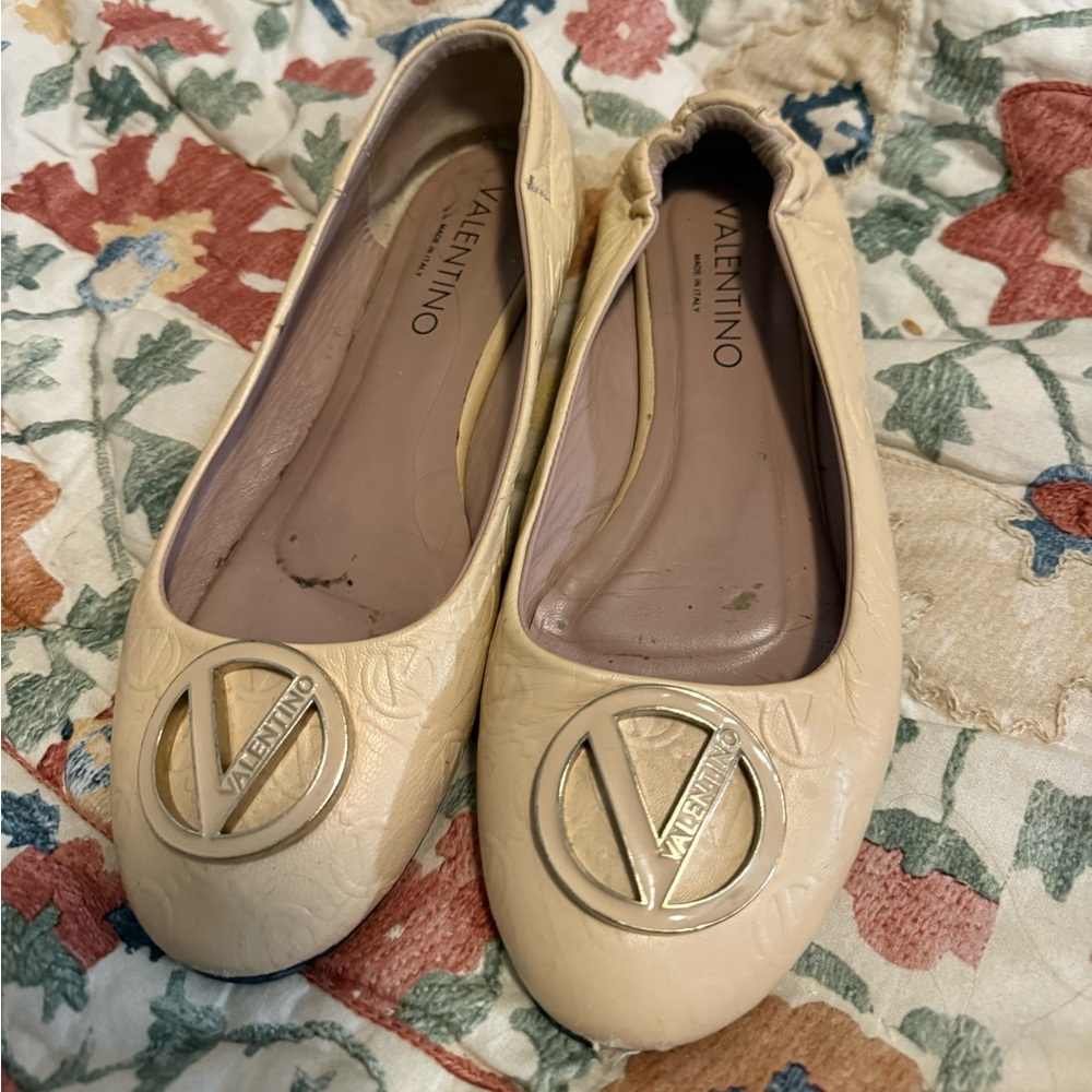 Mario Valentino Beige Embossed Flats with Logo